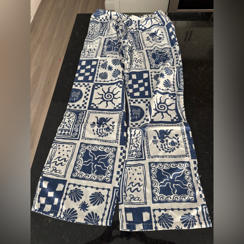 Cali1850 Grecian Printed Linen Pull On Drawstring Beach Pants Large NWT - Picture 3 of 8